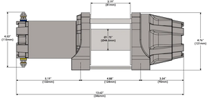 Måltegning KFI AS-35 spil: 346 mm langt, 121 mm højt, tromle 44,5 x 81 mm