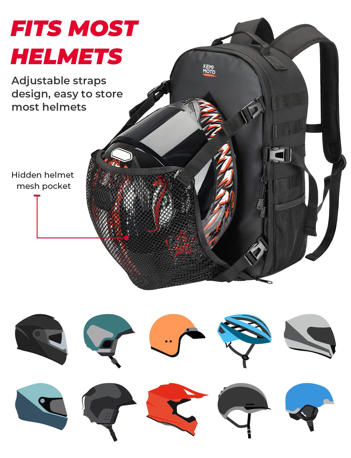 20L Motorcycle Helmet Bag with Hidden Helmet Net