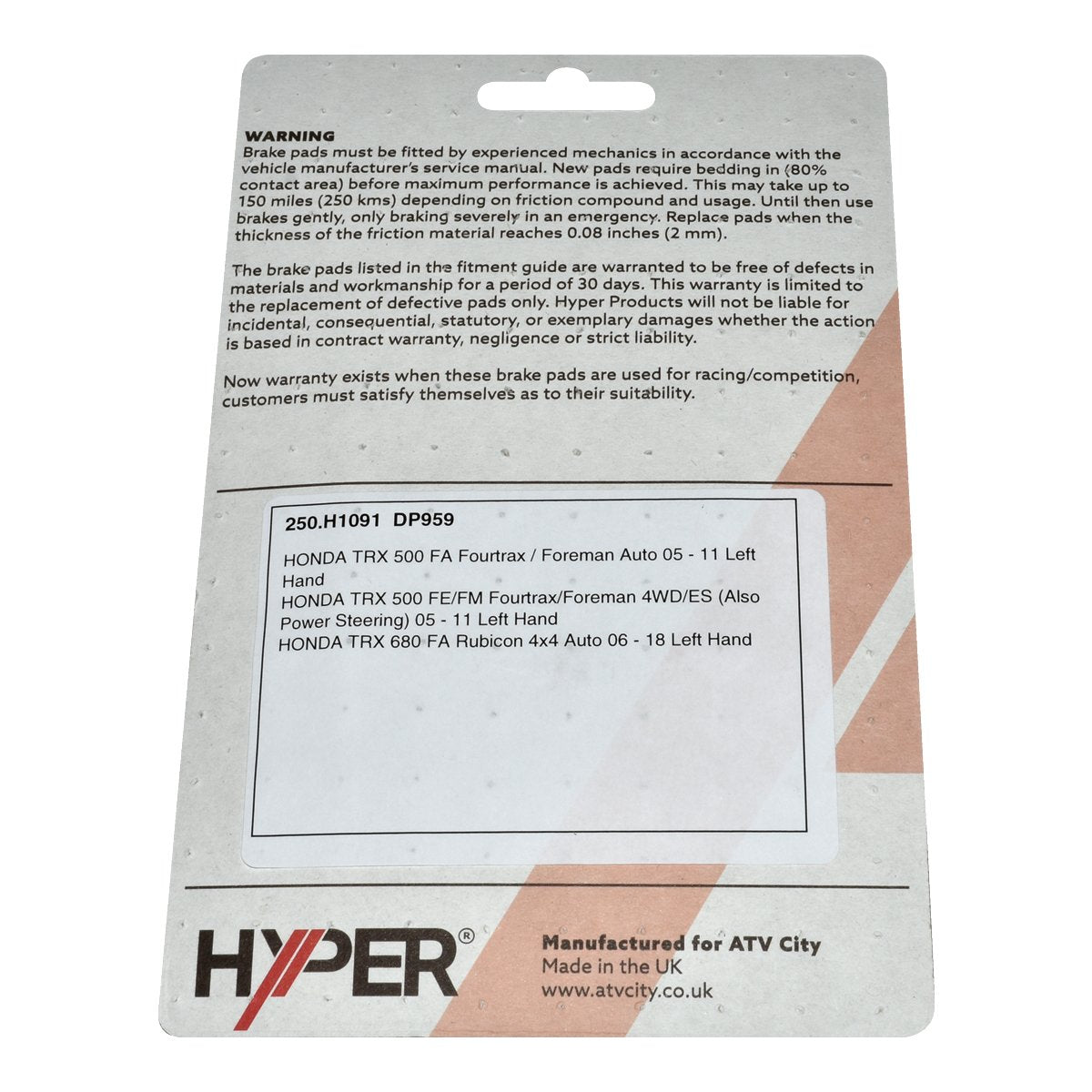 Brake Disc Pads – Front L/H- TRX 500 05-11 / TRX 680 06-18