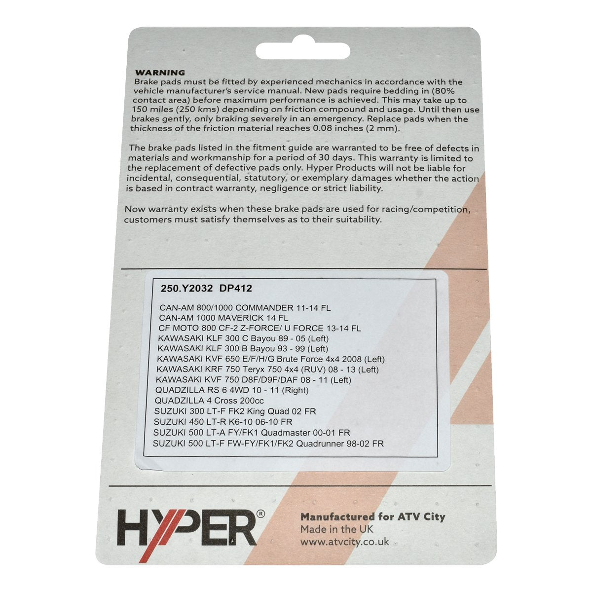 Brake Disc Pads – Front / Rear – Kawasaki – Quadzilla – Suzuki – Aeon – Bombardier – Nipper – Many Models