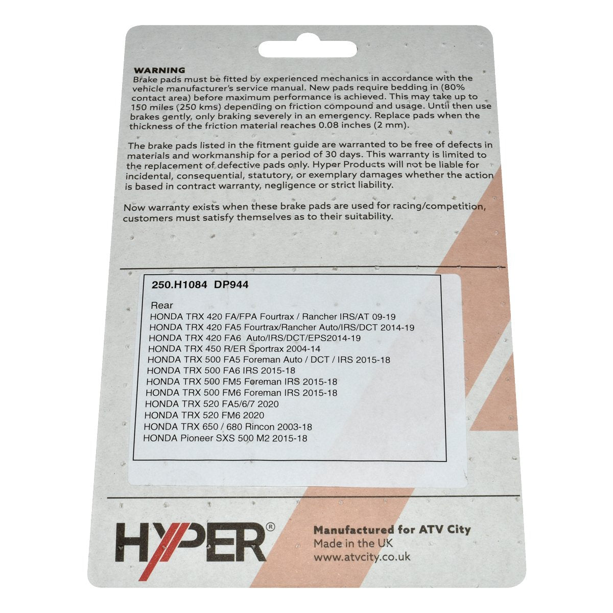 Brake Disc Pads – Rear – Honda IRS Models –  TRX 420 /500 /650 – Pioneer 500 /700
