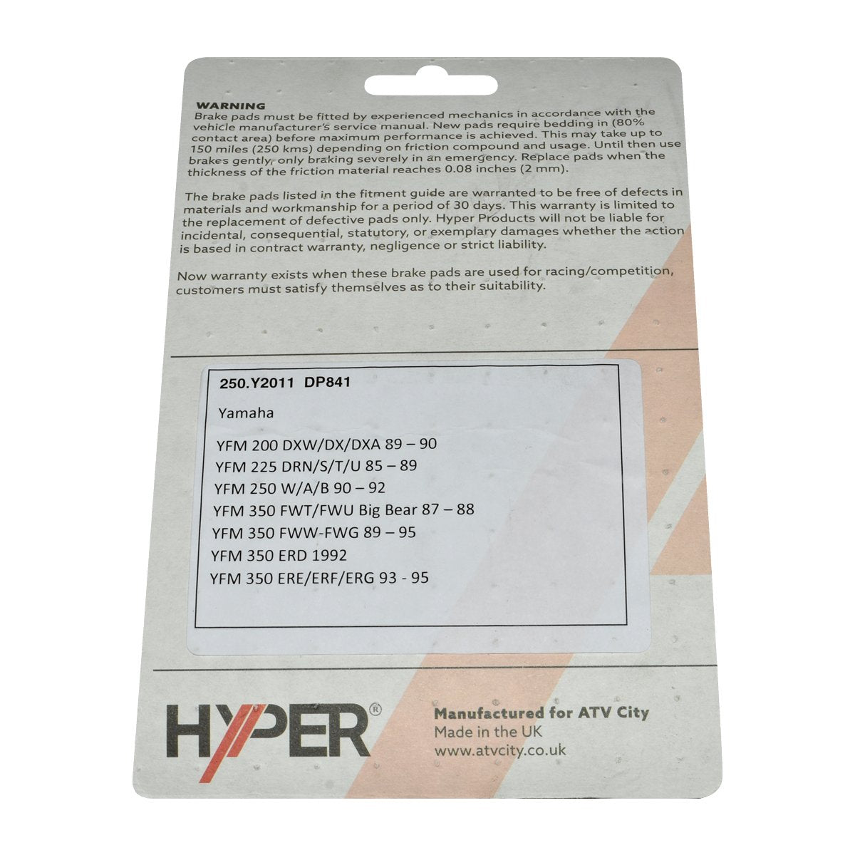 Brake Disc Pads –  Rear – Yamaha YFM 200 /225 /350 Big Bear
